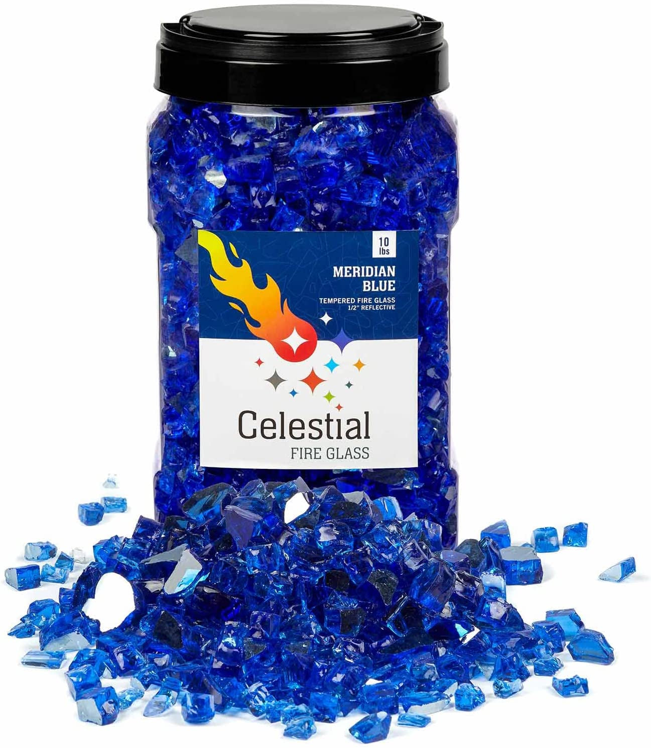 High Luster, 1/2" Reflective Tempered Fire Glass in Meridian Blue | 10 Pound Jar