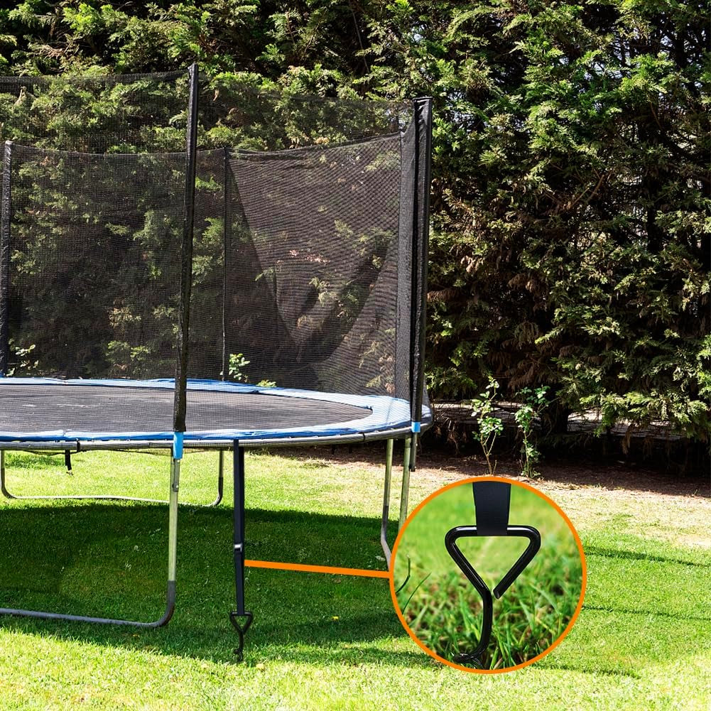 USA Trampoline Stakes Heavy Duty Trampoline Parts Corkscrew Shape Steel Stakes Anchor Kit with T Hook for Trampolines -Set of 4 Bonus 4 Strong Belt