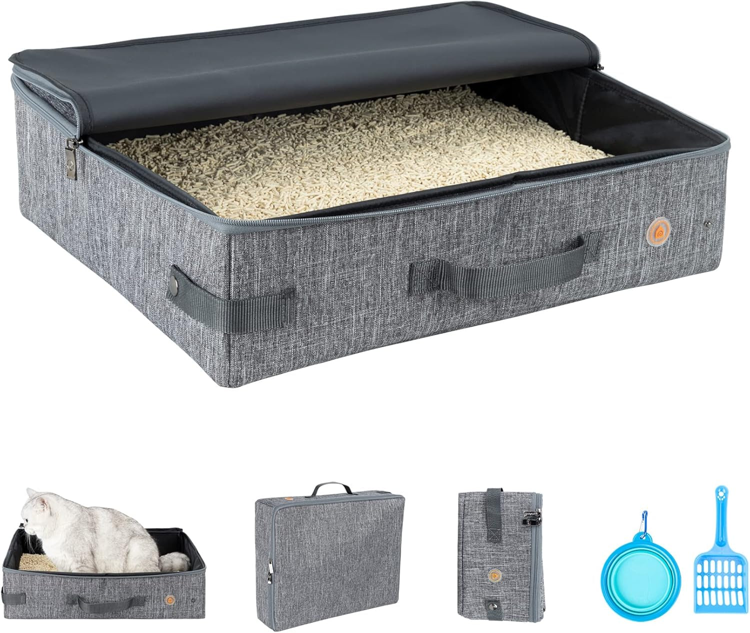 Large Portable Cat Travel Litter Box with Zipperd Top for Medium, Large or Multiple Cats. Odor Control, Leak-Proof, Lightweight for Easy Carry, Easy Storage, Easy to Clean