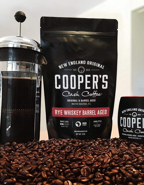 Load image into Gallery viewer, Rye Whiskey Barrel Aged Coffee, Single Origin Ethiopian Coffee Raw Beans Aged in Rye Whiskey Casks, Freshly Roasted 12 Oz Bags, Ground
