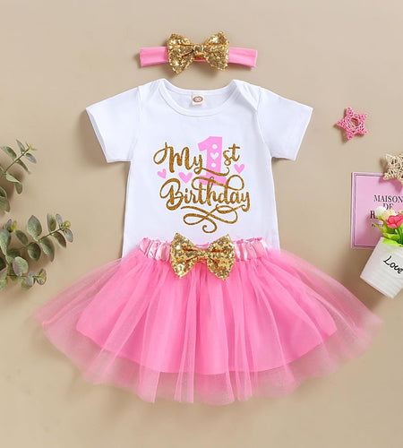 Baby Girl Birthday Cake Smash Outfit Toddler Girl My 1St Birthday Romper Tutu Skirt with Headband Clothes Set