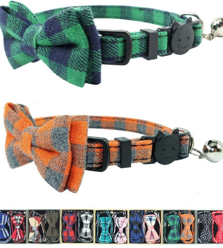 Cat Collar Breakaway with Bell and Bow Tie, Plaid Design Adjustable Safety Kitty Kitten Collars Set of 2 PCS (6.8-10.8In) (Green&Orange Plaid)