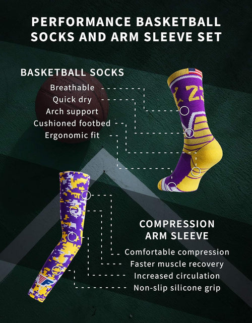 Load image into Gallery viewer, Youth Boys Basketball Socks Sports Athletic Crew Socks with Basketball Arm Sleeve - Made in USA
