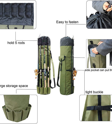 Multifunction Fishing Pole Bag - Waterproof Rod Reel Bag Carrier Case, Durable Canvas Tackle Large Storage Gift for Men Travel, Khaki