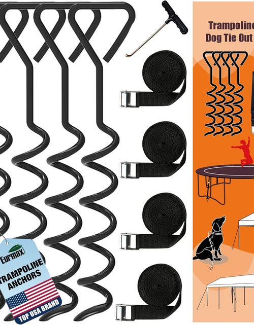 Load image into Gallery viewer, USA Trampoline Stakes Heavy Duty Trampoline Parts Corkscrew Shape Steel Stakes Anchor Kit with T Hook for Trampolines -Set of 4 Bonus 4 Strong Belt
