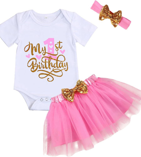 Baby Girl Birthday Cake Smash Outfit Toddler Girl My 1St Birthday Romper Tutu Skirt with Headband Clothes Set