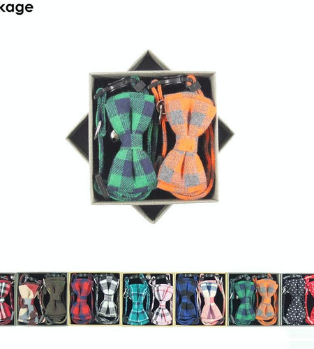 Cat Collar Breakaway with Bell and Bow Tie, Plaid Design Adjustable Safety Kitty Kitten Collars Set of 2 PCS (6.8-10.8In) (Green&Orange Plaid)